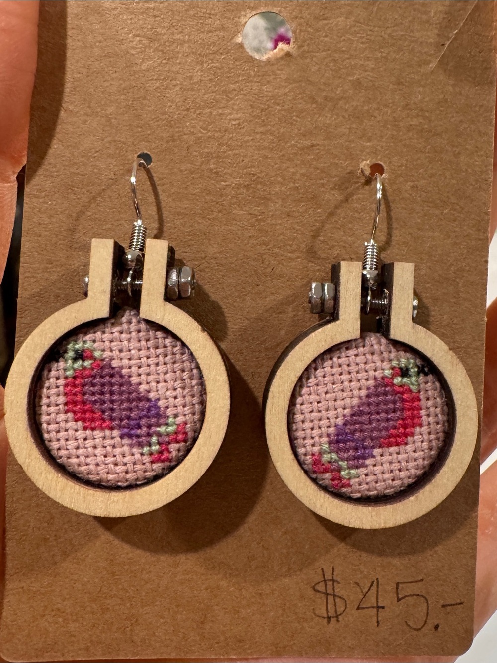 Handmade Bird Cross Stitch Hoop Earrings
